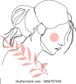 Continuous line drawing. Woman's face profile and hairstyle with branch with leaves . Vector illustration for t-shirt, slogan, design, print. Graphic style.