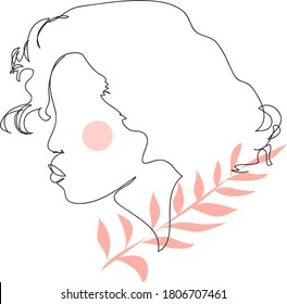 Durchgehende Zeilenzeichnung. Frauenprofil und Frisur mit Zweig mit Laub . Vektorgrafik für T-Shirt, Slogan, Design, Druck. Grafikstil.