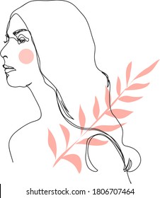 Continuous line drawing. Woman's face profile and hairstyle with branch with leaves . Vector illustration for t-shirt, slogan, design, print. Graphic style.