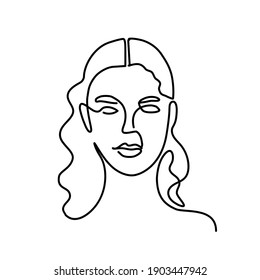 Continuous line drawing of woman's face with long hair. Vector illustration.