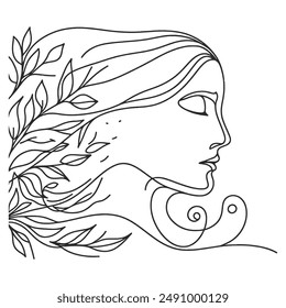 Continuous line drawing of a woman's face merged with nature elements like leaves and trees.