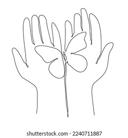 
continuous line drawing of a woman's hand holding a butterfly vector illustration