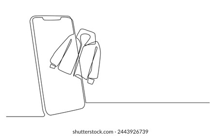 continuous line drawing of a woman's jacket coming out of the cellphone screen.single line of cellphone and jacket.one line online shopping vector.isolated white background