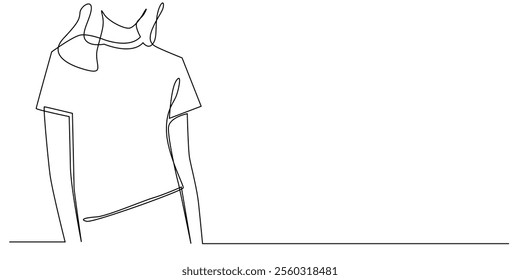 continuous line drawing of a woman's t-shirt model.one line drawing of a woman looking half her body in a T-shirt, advertisement for the sale of women's t-shirts.women's t-shirt shop.one line vector