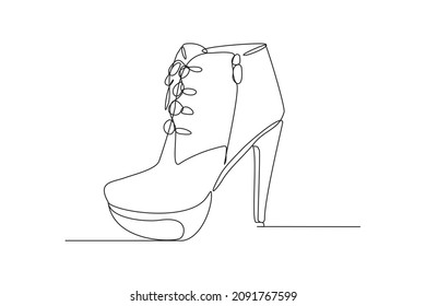 Continuous line drawing of women boots with heels. Single one line woman shoes art