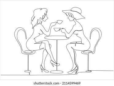 continuous line drawing of a women dining in a restaurant. Two beatiful women chatting and drinking coffee at a restourant. Two lady having a conversation one line drawing