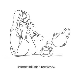 continuous line drawing of women drinking tea. Vector illustration portrait of a woman with cup of tea and teapot on a white background. 