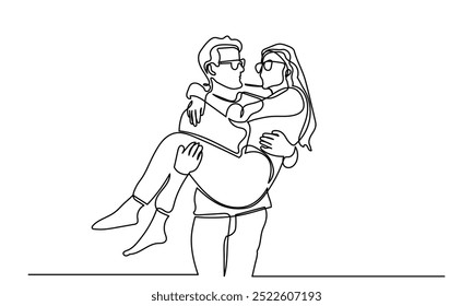 Dibujo de línea continua de mujeres y hombres abrazándose. Una pareja casada de un momento romántico esposa y esposo. Muchacho joven abraza a una mujer enamorada en una vista hermosa. Joven y hermosa pareja 