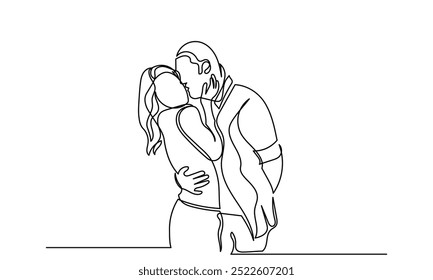 Dibujo de línea continua de mujeres y hombres abrazándose. Una pareja casada de un momento romántico esposa y esposo. Muchacho joven abraza a una mujer enamorada en una vista hermosa. Joven y hermosa pareja 