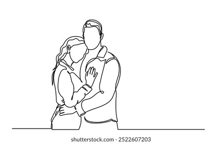 Dibujo de línea continua de mujeres y hombres abrazándose. Una pareja casada de un momento romántico esposa y esposo. Muchacho joven abraza a una mujer enamorada en una vista hermosa. Joven y hermosa pareja 