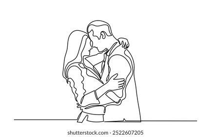 Dibujo de línea continua de mujeres y hombres abrazándose. Una pareja casada de un momento romántico esposa y esposo. Muchacho joven abraza a una mujer enamorada en una vista hermosa. Joven y hermosa pareja 