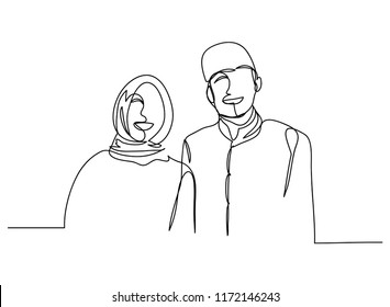 continuous line drawing of women and Muslim families smiling happy vector illustration