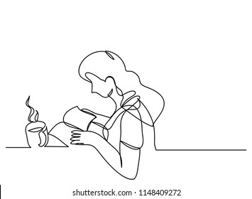 Continuous line drawing of women reading a book and drinking coffee.