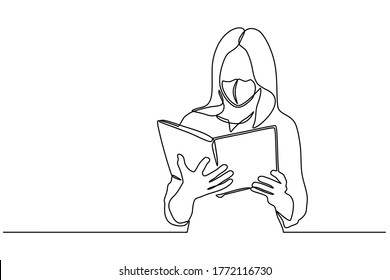 Continuous line drawing of women reading books use protective masks on their faces against infectious viruses. Women reading books and wear masks to protect against the SARS-Covid-19 disease virus