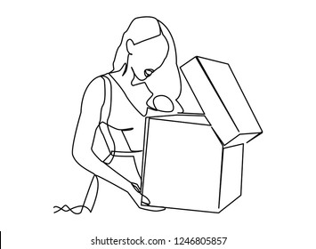 Continuous Line, Drawing Of Women Receive Gifts Happy Rejoice