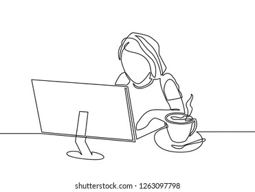 continuous line drawing of women sitting and watching laptop computer. women work at the computer. Vector illustration