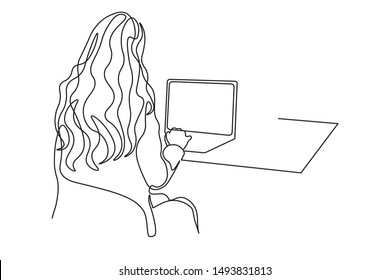 continuous line drawing of women using computers to communicate online vector illustration business concept.