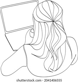 continuous line drawing of women using computers to communicate online vector illustration business concept.