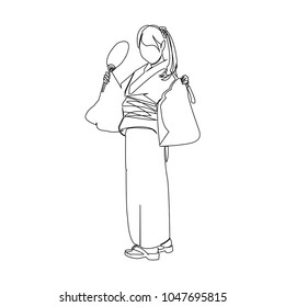 continuous line drawing of women wearing Japanese kimono vector illustration