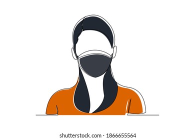 continuous line drawing of women wearing surgical mask to protect disease, flu, air pollution, pandemic, virus. Vector illustration
