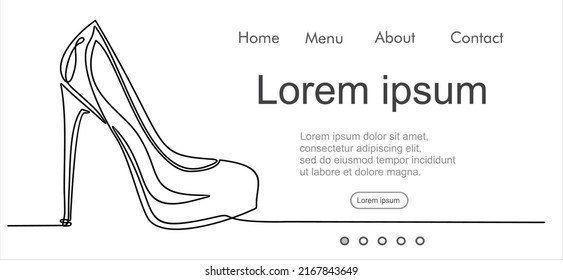 Dibujo continuo de zapatos de tacón altos para mujeres. Se puede usar para logotipo, emblema, presentación de diapositivas y banner. Ilustración con plantilla de presupuesto. 