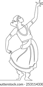 continuous line drawing. women's Indian dance form. dancer in a traditional sari and costume and jewelry