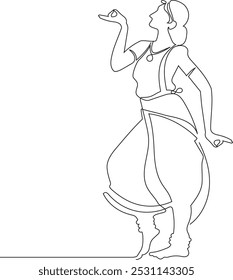 desenho de linha contínua. forma de dança indiana das mulheres. dançarina em um tradicional sari e traje e joias