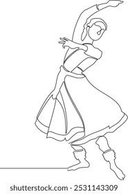 continuous line drawing. women's Indian dance form. dancer in a traditional sari and costume and jewelry