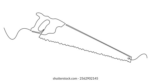 continuous line drawing of wood saw.one line drawing of carpenter equipment saw.single line vector illustration.isolated white background