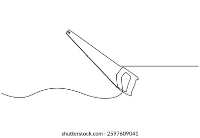 Continuous line drawing of wood saw.one line drawing of carpenter equipment saw, Hand saw continuous line drawing. Home tool for cutting wood. Simple hand drawn style vector design element.