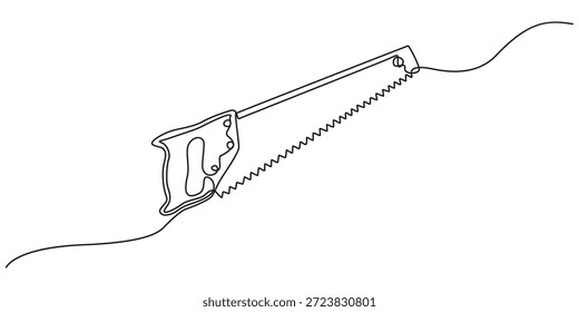 Desenho de linha contínua de serra de madeira.um desenho de linha de serra de equipamento de carpinteiro, serra de mão desenho de linha contínua. Home ferramenta para cortar madeira. Elemento de design de vetor de estilo desenhado à mão simples.