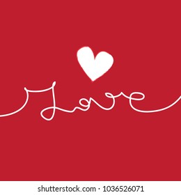 Continuous line drawing of word LOVE. Love vector illustration. Valentine card. Minimalist illustration of love. Handwritten word love with a white heart on red background.