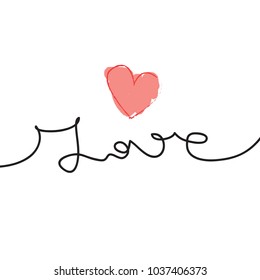 Continuous line drawing of word LOVE. Love vector illustration. Valentine card. Minimalist illustration of love. Handwritten word love with a red  heart on white background.