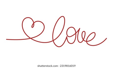 Dibujo continuo de la palabra amor y corazón. Ilustración minimalista vectorial de una línea. El esquema se puede editar. Cartas para imprimir en camisa, afiche, tarjetas, pancarta, artículos artesanales, etiquetas, etiquetas