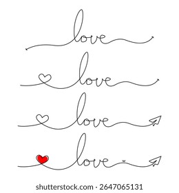 Continuous line drawing of the word 'love' in a stylish, handwritten script. This minimalist and elegant one-line art illustration is perfect for romantic themes, Valentine's Day and weddings.
