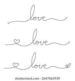 Continuous line drawing of the word 'love' in a stylish, handwritten script. vector illustration.
