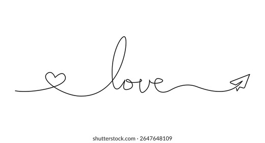 Continuous line drawing of the word 'love' in a stylish, handwritten script. This minimalist and elegant one-line art illustration is perfect for romantic themes and Valentine's Day.