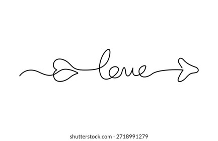 Desenho de linha contínua da palavra amor com uma seta e coração