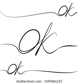 Continuous line drawing of the word OK on a white background. Okay sign Calligraphy phrase concept. Simple sketch design. Vector horizontal illustration. Hand-drawn scribble lettering