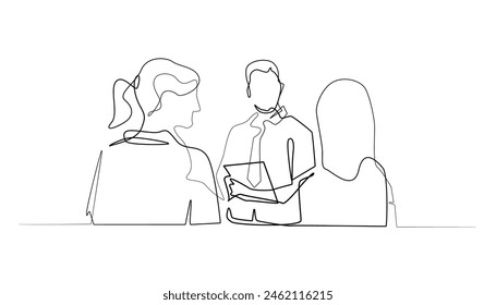 continuous line drawing of work briefing.single line vector giving work direction to the work team.debriefing work operational standards.one line vector illustration