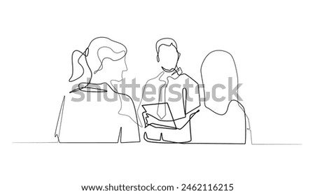 continuous line drawing of work briefing.single line vector giving work direction to the work team.debriefing work operational standards.one line vector illustration