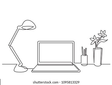 Continuous Line Drawing Of Work Desk With Computer Lamp And Flower