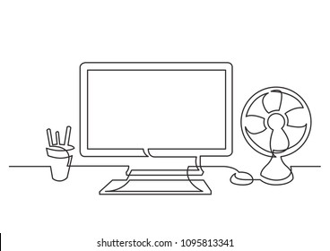 continuous line drawing of work desk with computer and cooling fan