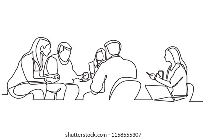 continuous line drawing of work team having meeting