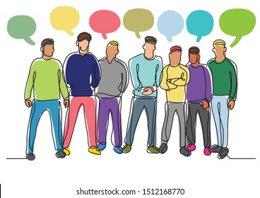 continuous line drawing of work team standing with speech bubbles