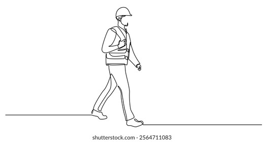 continuous line drawing of worker with engineer helmet walking.one line drawing of man in contractor uniform walking alone.single line vector illustration.isolated white background