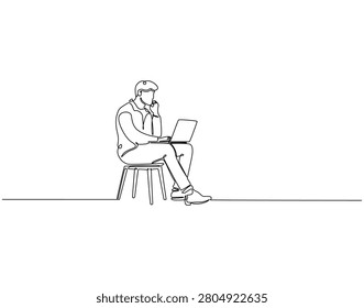 Continuous line drawing of worker sitting and working use laptop. Single line illustration of worker siting working on laptop. Businessman productivity concept. Editable outline