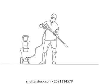 Continuous line drawing of worker use pressure washer machine. Single line illustration of man hold pressure washer. Worker, cleaner concept. Editable outline