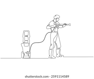 Continuous line drawing of worker use pressure washer machine. Single line illustration of man hold pressure washer. Worker, cleaner concept. Editable outline