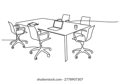 Continuous line drawing workspace, Minimalist line art of a modern office setup featuring a desk, chair and plant arrangement
